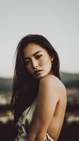 A model stands gracefully outdoors with mountains in the background during golden hour. The soft light highlights her features and flowing dress, creating a tranquil atmosphere.の素材