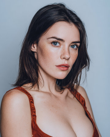 A young woman with brown hair and bright blue eyes stands confidently, wearing a stylish outfit. The simple background enhances her striking features, creating a captivating portrait.の素材