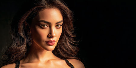 A woman with elegant features and long hair poses confidently in a dark space. Soft lighting enhances her striking features, creating a dramatic effect.の素材