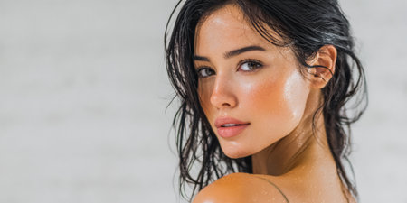 A young woman with long, wet hair gives a soft smile while standing in a bright, airy space. Sunlight enhances her glowing skin, creating a fresh and lively atmosphere.の素材