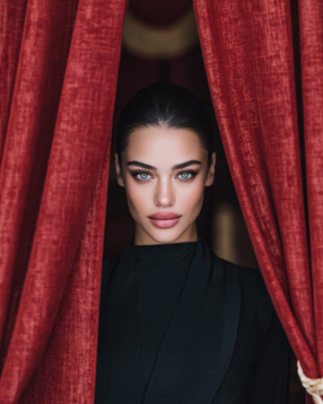 A young woman reveals her captivating green eyes as she stands behind rich red velvet curtains. The setting is elegant, hinting at a theatrical atmosphere.の素材