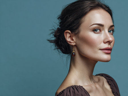 A woman with long hair poses elegantly, highlighting her refined features and beautiful earrings. The soft blue background enhances the overall charm and simplicity of the moment.の素材
