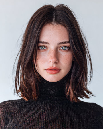 A young woman with long hair and bright eyes poses in a simple indoor space. She has a relaxed expression and wears a dark sweater, showcasing her natural beauty.の素材
