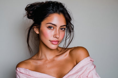 A woman poses for a close-up portrait, highlighting her glowing skin and natural beauty. Her casual hairstyle and soft expression create a relaxed mood, making it feel intimate and personal.の素材