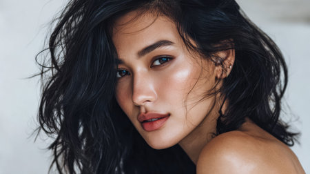 A woman with long, dark hair gazes softly into the distance. Her skin glows with a natural radiance, and she exudes a calm and confident presence.の素材