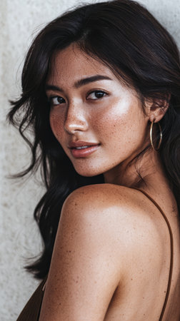 A woman stands with a playful smile, showcasing her glowing skin and freckles. Soft sunlight highlights her features against a light background, creating a warm atmosphere.の素材