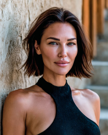 A woman with short, dark hair poses confidently against a textured stone wall. Sunlight gently highlights her features, showcasing her natural beauty in a relaxed atmosphere.の素材