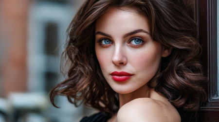 A beautiful woman poses confidently against a wall, showcasing her curly hair and captivating blue eyes. The scene has a soft, natural light that highlights her features.の素材