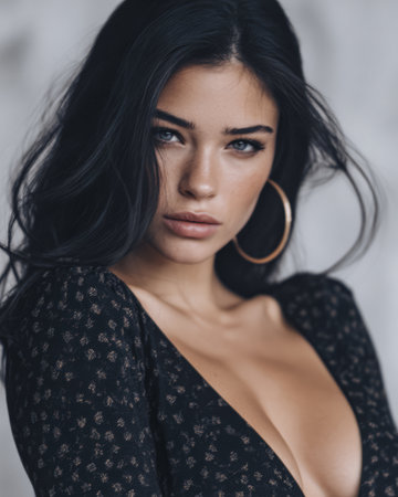 A young woman with long dark hair showcases her beauty while wearing a chic black dress and large hoop earrings. She stands against a softly blurred backdrop, exuding confidence and poise.の素材