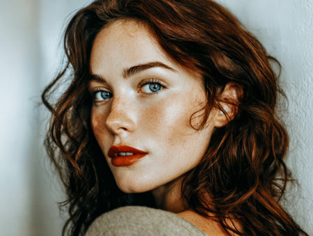 A young woman with curly, reddish-brown hair stands confidently against a light wall, highlighting her striking blue eyes and warm skin tone. She exudes a sense of beauty and poise.の素材