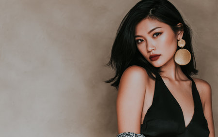 A woman stands with a confident pose, wearing a black outfit that highlights her features. She has dark hair and large earrings, looking directly at the viewer with a calm expression.の素材