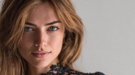 A young woman with long, wavy hair and blue eyes poses for a portrait. She wears a delicate lace top and has a natural, confident expression.の素材