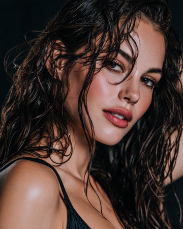 A confident woman with wet hair poses in a dark studio, highlighting her natural beauty and elegance. The soft light enhances her facial features, creating a captivating look.の素材
