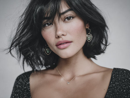 In a neutral background, a woman displays her confidence and beauty while wearing eye-catching earrings and a delicate necklace. Her soft expression and styling emphasize elegance and charm.の素材