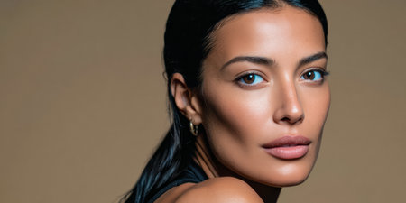 A woman poses confidently with long dark hair and captivating blue eyes against a soft, neutral background. Her expression is calm and poised, showcasing natural beauty.の素材