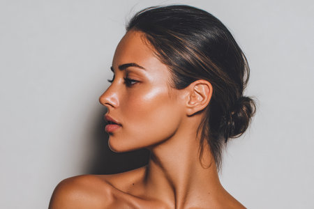 A woman poses elegantly, highlighting her smooth skin and natural features. Her hair is styled in a simple bun, and she gazes thoughtfully to the side against a neutral background.の素材