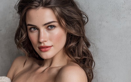 A young woman poses confidently with long, wavy hair and soft, natural makeup. Her striking features and captivating blue eyes draw attention in a simple gray background.の素材