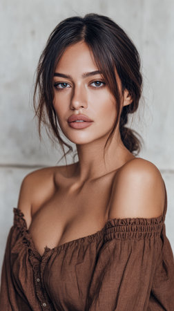 A woman wearing a brown off-shoulder top poses with a natural expression in front of a light-colored wall. Soft lighting enhances her features and creates a warm atmosphere.の素材