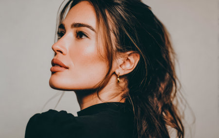 A young woman with long, flowing hair looks serenely to the side. She wears a simple black top and delicate earrings, creating an elegant yet casual look in this cozy atmosphere.の素材