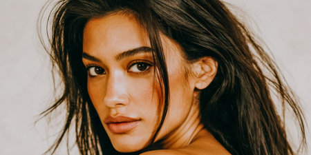 A model presents a natural look with long, flowing hair in soft lighting. The background is simple, bringing focus to her expression and graceful pose, highlighting her features.の素材