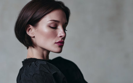 A model poses gracefully in stylish black clothing, her profile illuminated by soft lighting. The neutral background enhances her features, creating a serene atmosphere.の素材