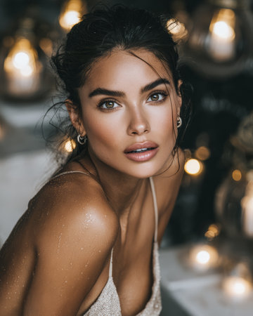 A woman poses with soft, natural makeup and wet hair, illuminated by the soft glow of candles. The atmosphere is warm and inviting, creating a serene mood.の素材