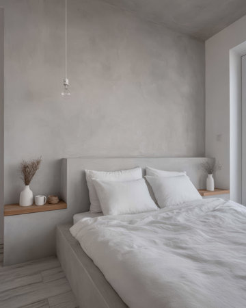 A bright and inviting bedroom showcases a modern, minimalist design with soft white bedding, simple decor, and a calming ambiance. Natural light enhances the peaceful feel of the room.の素材