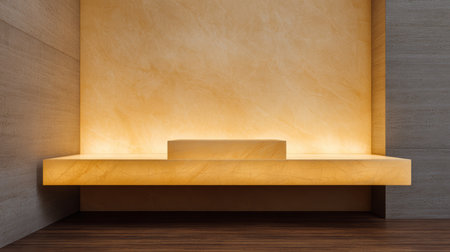 A sleek, minimalist interior showcases a warm glow from backlit surfaces, with a smooth, flat shelf against textured walls, creating a serene atmosphere.の素材