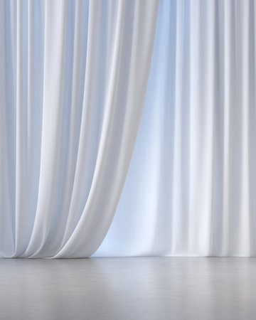 Soft white curtains catch the gentle afternoon light, creating a calming atmosphere in a spacious indoor area with a minimalist design.の素材