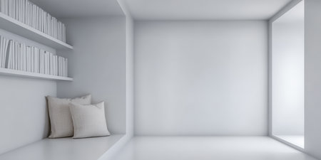 A calm and airy room features white walls and shelves filled with books. Soft cushions are placed on a cozy nook, creating an inviting reading area.の素材