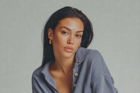 A young woman is posing confidently against a soft, light background. She has long, dark hair and wears a casual shirt, emphasizing her relaxed yet stylish look.の素材