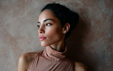 A young woman with a relaxed expression gazes thoughtfully to the side while leaning against a wall. Her skin glows softly in natural light, highlighting her features.の素材