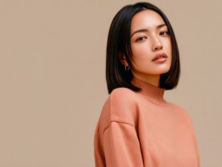 A woman poses with a serene expression, wearing a soft, cozy sweater. Her short hair frames her face, and the warm background creates a calm atmosphere. The focus is on her natural beauty and style.の素材