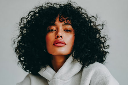 A woman with voluminous curly hair looks directly at the camera while wearing a light gray sweater. Her expression is confident and inviting in a minimalistic setting.の素材
