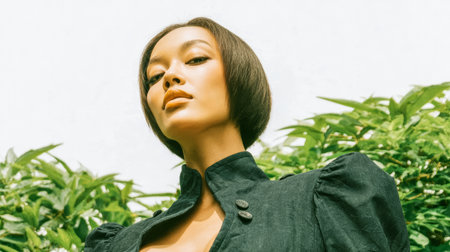 An elegant model stands amidst vibrant greenery, showcasing a chic outfit. The bright sunlight highlights her confident pose and unique hairstyle, creating a striking visual effect.の素材