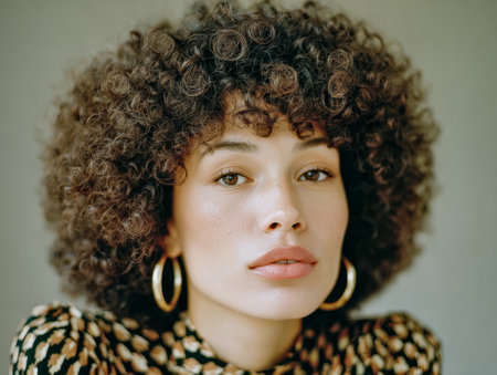 A close-up of a woman with beautiful curly hair. She is wearing large earrings and a stylish top while posing against a neutral background, highlighting her natural beauty.の素材