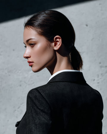 A young woman stands confidently with her hair tied back, dressed in a smart blazer. The sunlight highlights her facial features against a textured wall.の素材