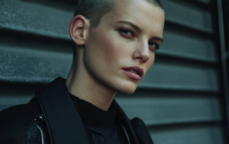 A model stands against a gray textured wall, wearing a dark outfit that highlights her bold style. She gazes intently at the camera, exuding confidence and modern elegance.の素材