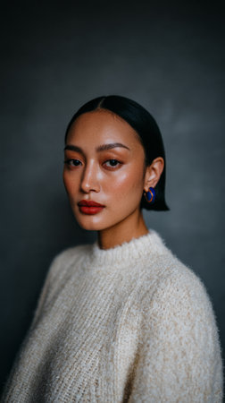 A woman with sleek hair and glowing skin wears a cozy, soft sweater. She poses thoughtfully against a dark backdrop, showcasing her striking features and stylish earrings.の素材