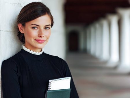 A young woman leans against a wall in a corridor. She holds a notebook and looks at the camera. Soft light filters through the architecture.の素材