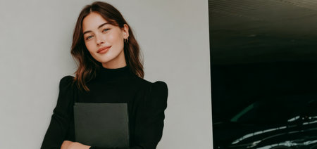 A woman stands against a light wall in a dim indoor setting. She holds a black notebook close to her chest. She has a slight smile on her face and looks at the camera.の素材