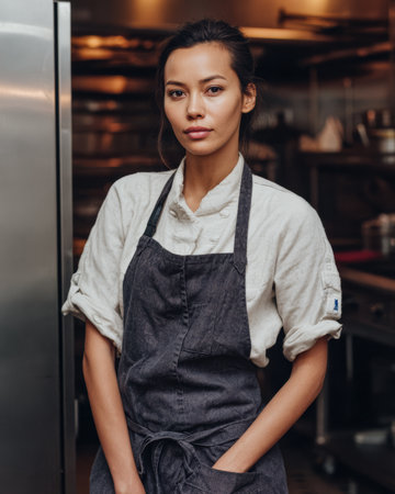 A chef stands in a kitchen, wearing a uniform and an apron. She looks confident as the kitchen prepares for the evening service, surrounded by cooking equipment.の素材