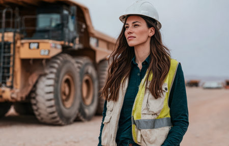 A woman wearing a hard hat and safety vest stands at a construction site. Heavy machinery like a dump truck is visible in the background on a dusty day.の素材