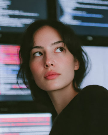 A woman looks to the side while sitting in front of several computer screens showing coding and data. She appears engaged in her work late at night.の素材