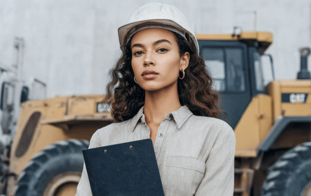 A woman stands at a construction site holding a clipboard. She wears a hard hat and looks confidently at the camera. Heavy machinery is visible in the background.の素材