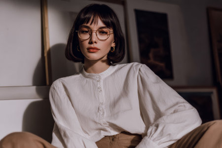 A model sits indoors wearing round glasses and a white blouse. The setting has soft lighting and framed art hanging on the walls, creating a creative atmosphere.の素材