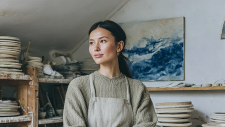 A woman stands in a pottery studio with shelves of clay and tools around her. She is wearing an apron and appears to be in a creative space focused on her art.の素材