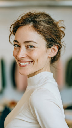 A woman with light hair stands in a casual indoor setting, smiling. She wears a simple top and shows a friendly demeanor. The background has blurred clothing items.の素材
