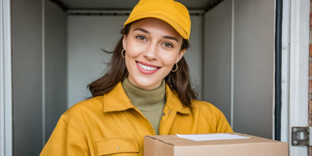 A delivery person stands in a storage space, smiling while holding a package. The person wears a yellow cap and uniform. Bright light comes in from the outside.の素材