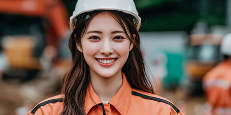 Worker stands at construction site wearing a safety helmet and an orange uniform. Heavy machinery is visible in background. The sun is shining on the scene.の素材